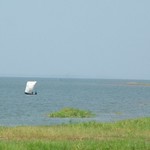 Est lac Volta 321 - Pirogue voile sur lac - Ghana